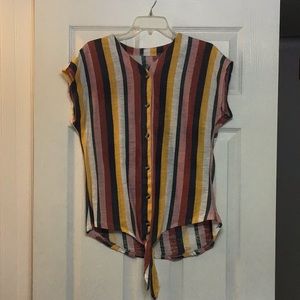 Button Down Cap Sleeve Striped Top Sz Med